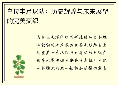 乌拉圭足球队：历史辉煌与未来展望的完美交织