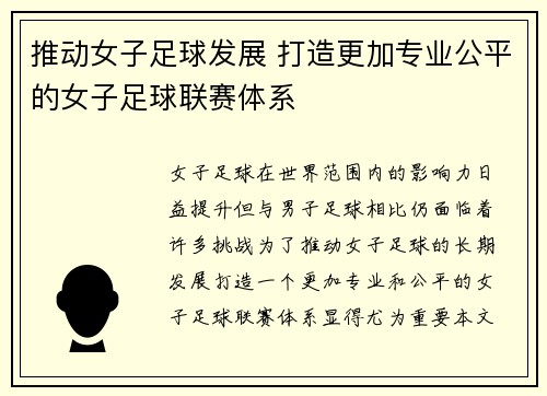 推动女子足球发展 打造更加专业公平的女子足球联赛体系