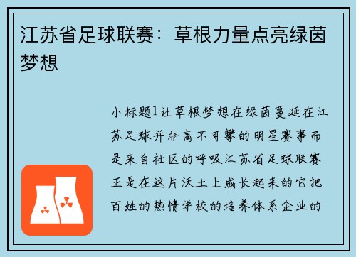 江苏省足球联赛：草根力量点亮绿茵梦想