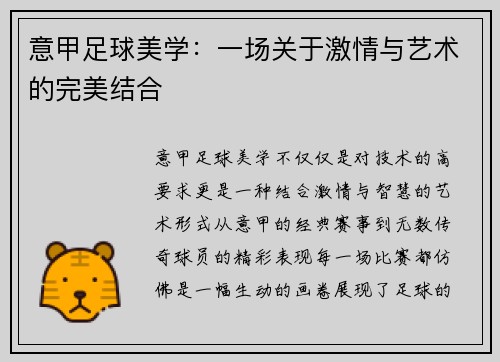 意甲足球美学：一场关于激情与艺术的完美结合