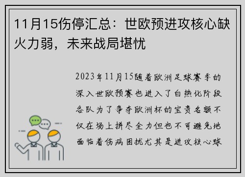 11月15伤停汇总：世欧预进攻核心缺火力弱，未来战局堪忧